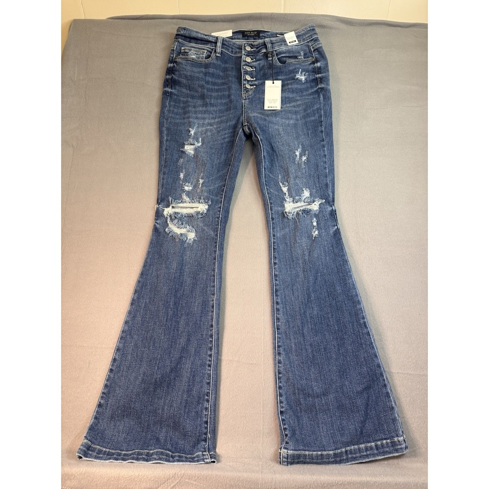 Judy Blue 15/32 Distressed Button Fly Trouser Flare Denim Jeans Dark Wash NWT